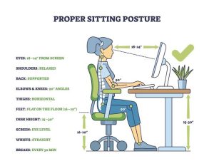 Infographic showing causes of lower back pain when sitting, proper desk ergonomics, spinal anatomy, and physiotherapist advice.